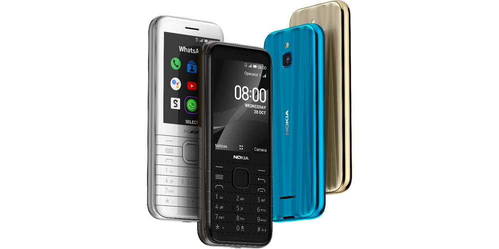 4 موبایل Nokia 8000 4G با رنگ های سفید، سیاه، آبی و طلایی در پس زمینه سفید رنگ