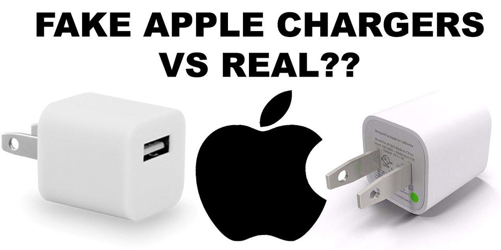 دو شارژر آیفون 6 اصلی و تقلبی در کنار هم قرار دارند و عبارت Fake Apple Chargers Vs Real در بالای لوگوی اپل دیده می شود
