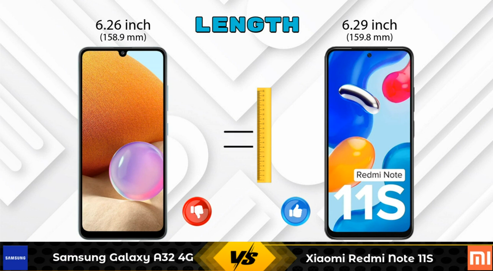 مقایسه Redmi Note 11s با A32 از نظر طراحی و ابعاد
