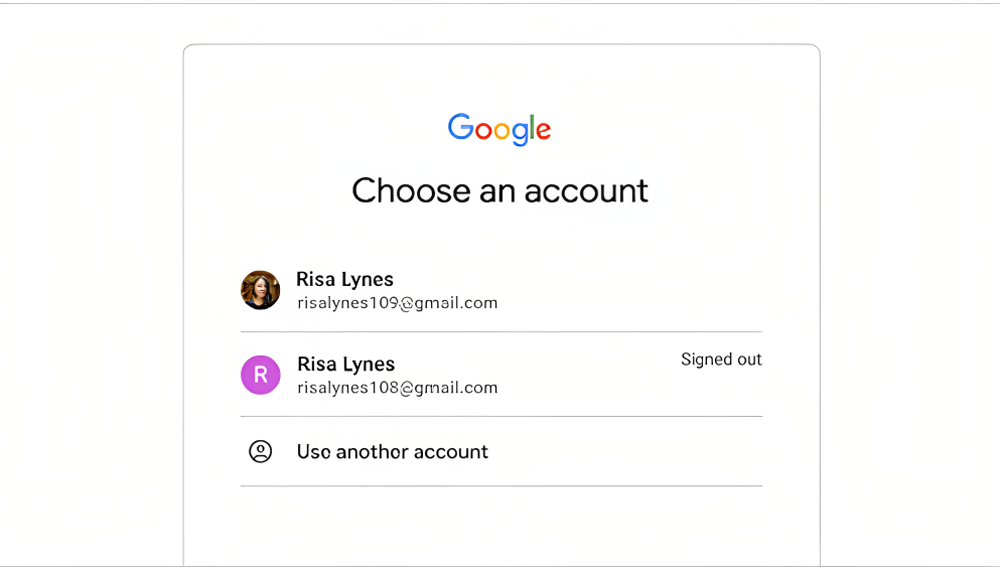 صفحه ورود به سیستم گوگل که دو حساب مختلف را با یک نام نشان می دهد