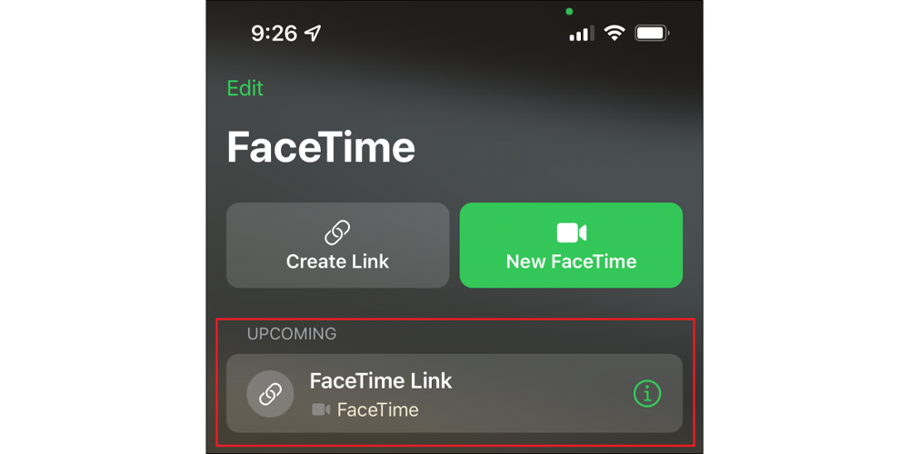 به برنامه FaceTime برگردید و تماسی را که تنظیم کرده‌اید، که در قسمت «Upcoming» یافت می‌شود، انتخاب کنید.