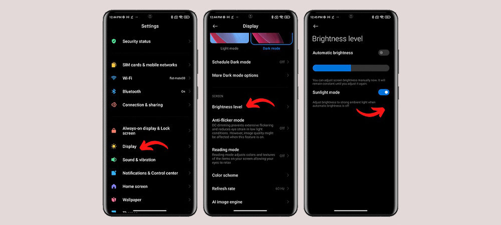 برای افزایش روشنایی حالت نور خورشید را فعال کنید