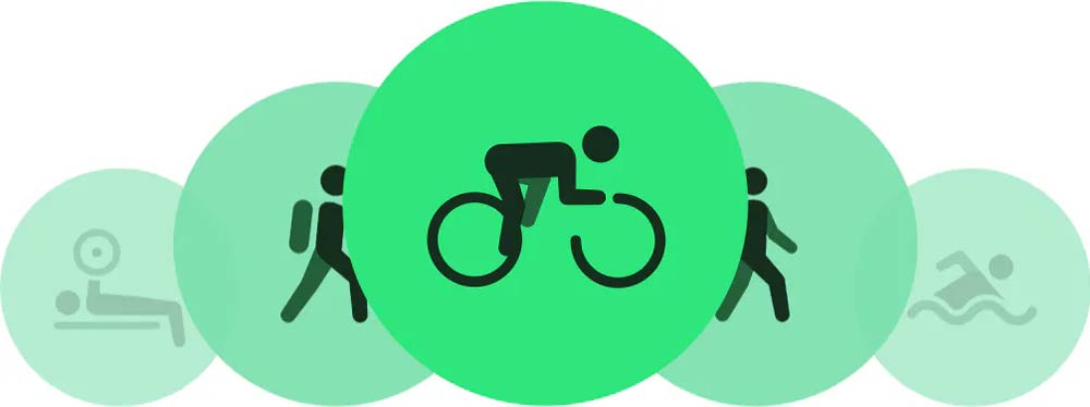 آیکون های تمرینی مختلف دیده می شود. در وسط نماد دوچرخه سواری با فرد نشسته است. فرد شروع به دوچرخه سواری می کند و به آرامی به جلو خم می شود زیرا سایر نمادهای تمرین از سمت راست ظاهر می شوند. بازی کنید